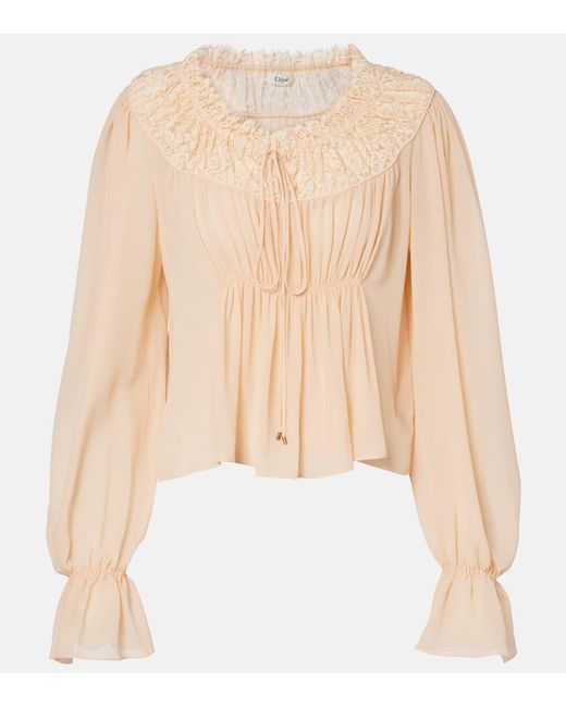 Chloé Natural Shirred Cropped Lace-Trimmed Silk Blouse