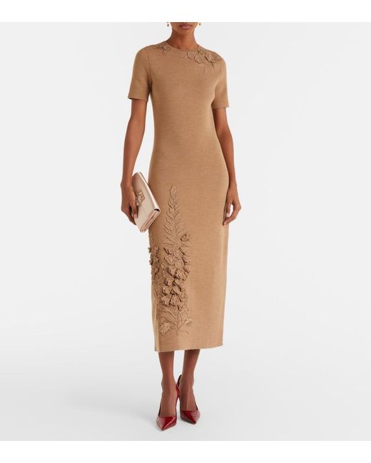 Oscar de la Renta Brown Foxgloves Wool-Blend Midi Dress