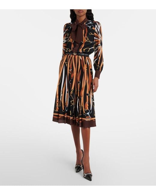 Gucci Brown Printed Tie-Neck Silk Shirt Dress