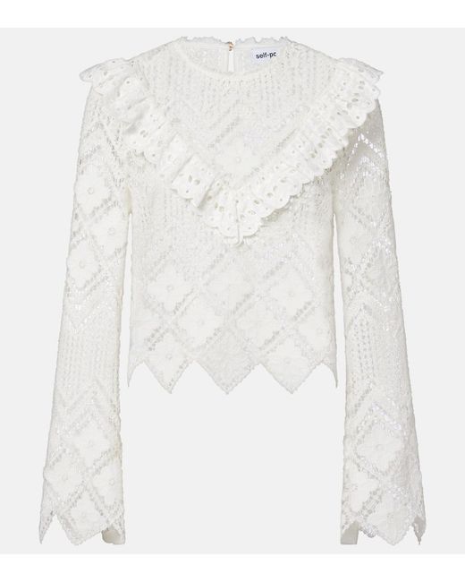 Self-Portrait White Crochet Ruffled Top