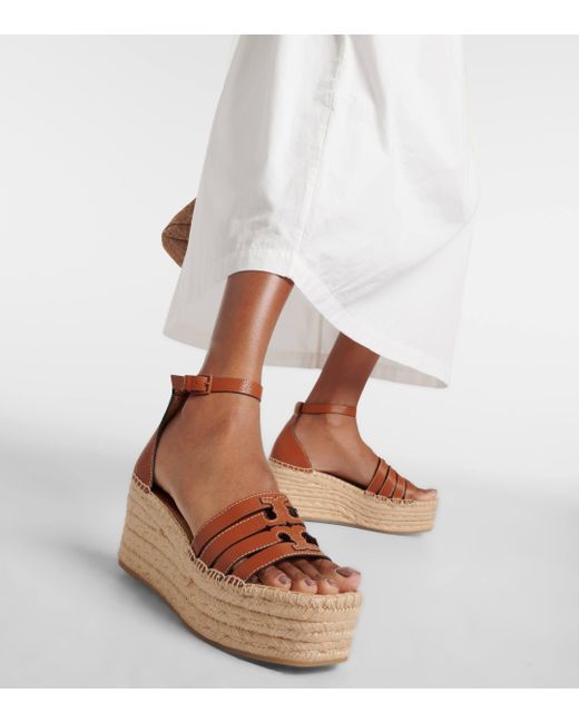 Tory Burch Brown Ines Leather Espadrille Wedges