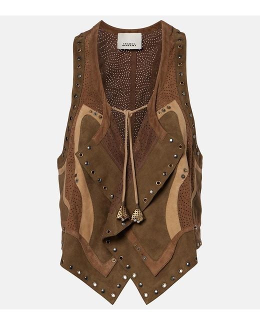 Isabel Marant Brown Kelby Studded Patchwork Suede Vest