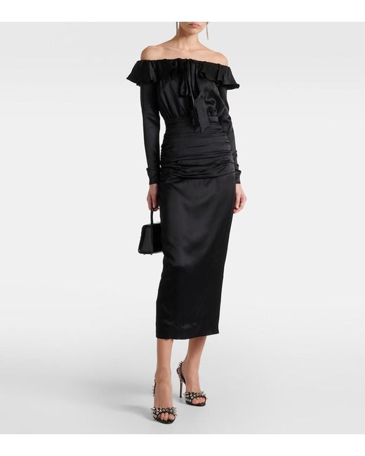 Alessandra Rich Black Off-Shoulder Silk Midi Dress