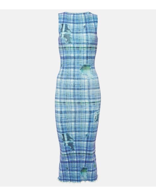 Acne Blue Checked Ribbed-knit Midi Dress