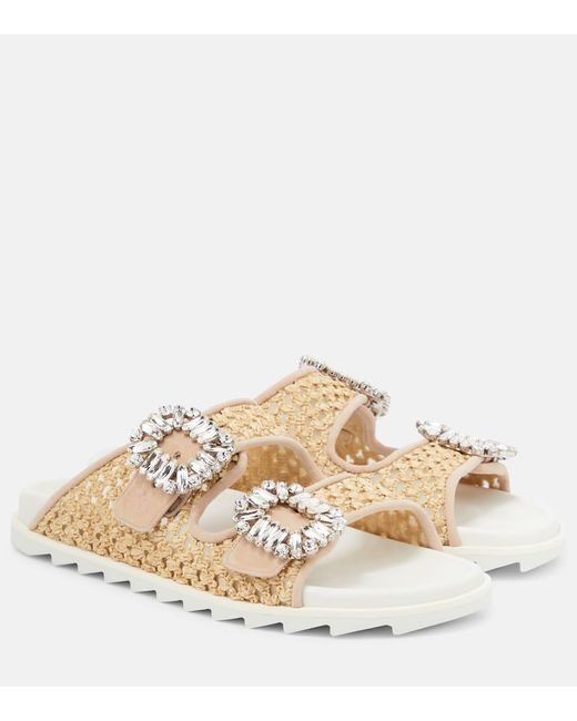 Roger Vivier Natural Flat With Raffia And Crystal Buckles For