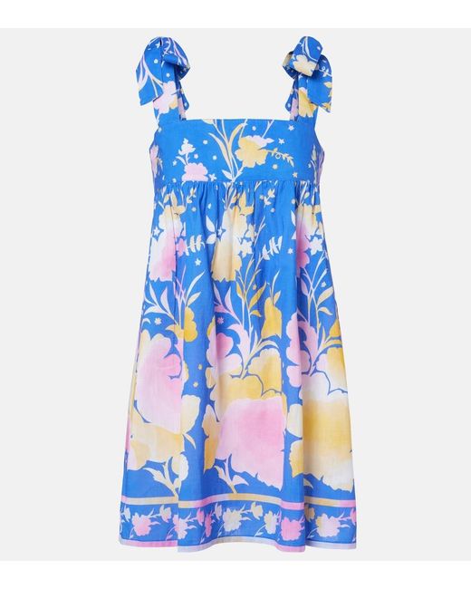 Juliet Dunn Blue Floral Cotton And Linen Minidress