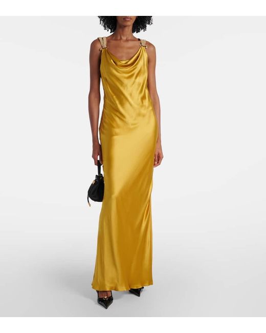 Versace Metallic Safety Pin Embellished Silk Satin Gown