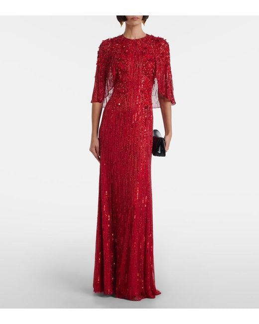 Jenny Packham Red Violetta Embellished Caped Gown