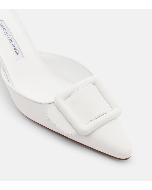 Manolo Blahnik White Maysale 50 Leather Mules