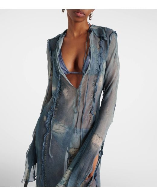 Acne Blue Printed Sheer Midi Dress