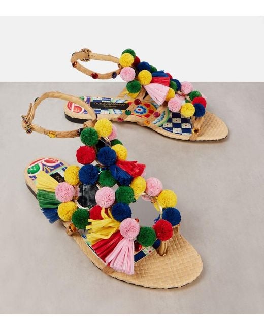 Dolce & Gabbana Multicolor Embellished Raffia Sandals