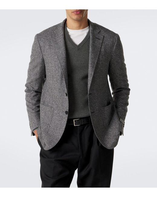 Canali Black Herringbone Wool And Cashmere Blazer for men