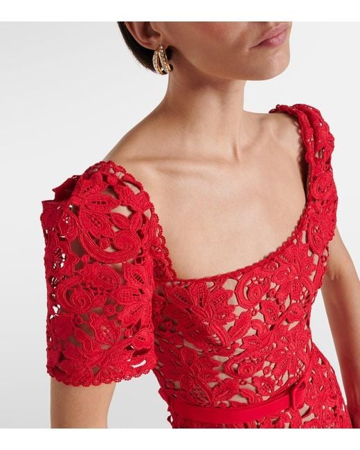 Self-Portrait Red Floral Lace Midi Dress