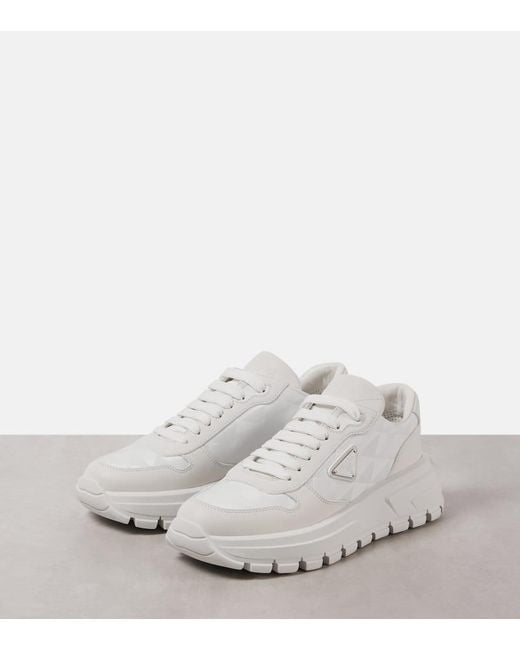 Prada White Prax One Leather-Trimmed Sneakers