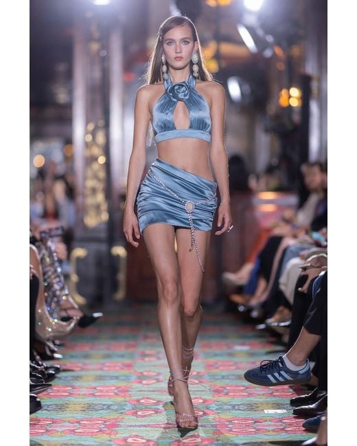 Alessandra Rich Blue Asymmetric Ruched Satin Miniskirt