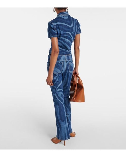 Emilio Pucci Blue Marmo Belted Denim Jumpsuit