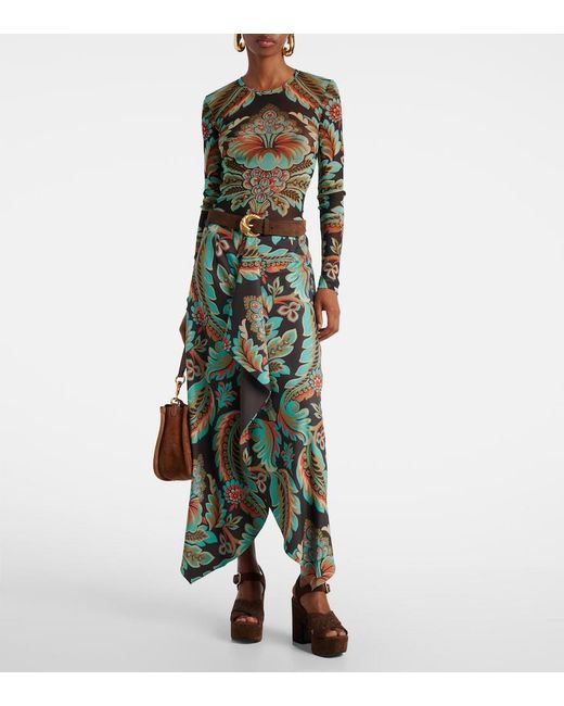 Etro Green Floral Asymmetric Wrap Skirt