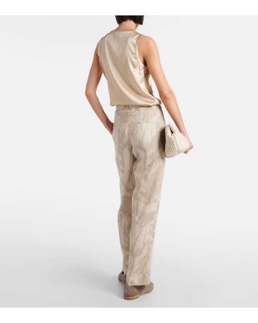 Brunello Cucinelli Natural Printed Linen Tapered Pants