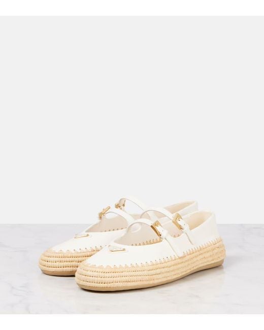 Prada White Leather And Straw Ballets