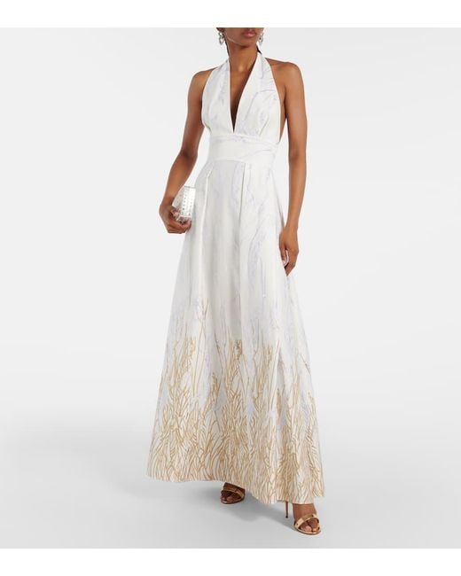 Elie Saab White Embroidered Halterneck Cotton-Blend Gown