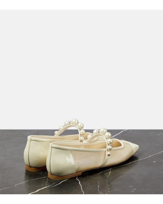 Jimmy Choo White Ade Embellished Mesh Ballet Flats