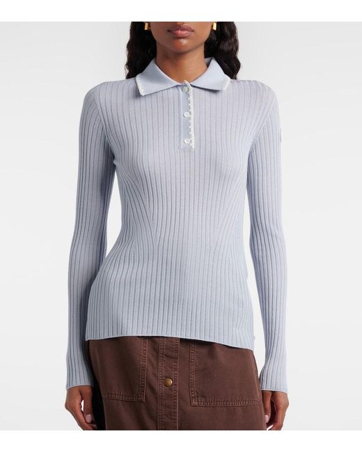 Moncler Blue Ribbed-Knit Virgin Wool Polo Sweater
