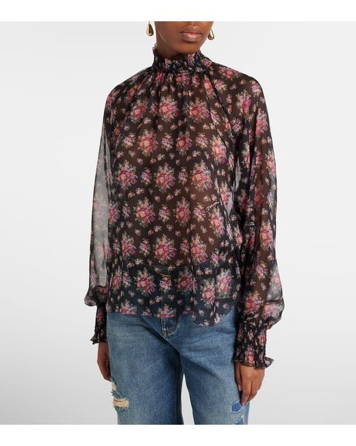 Dolce & Gabbana Purple Floral Ruffled Sheer Silk Blouse