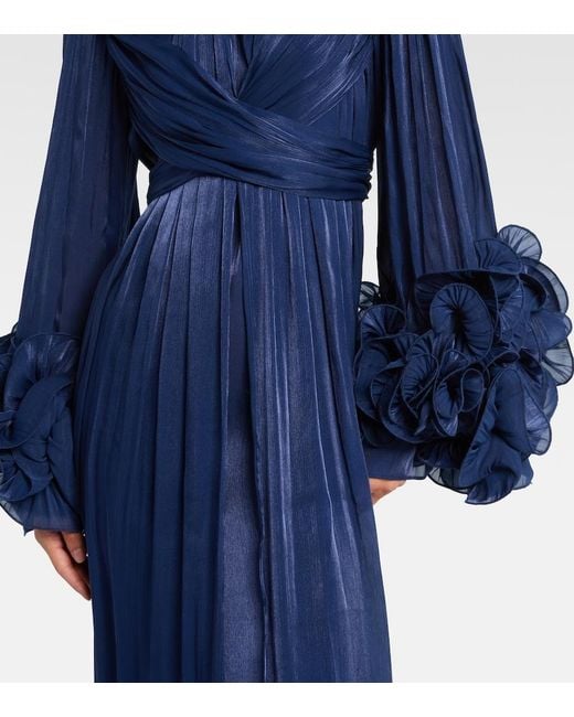 Costarellos Blue Draped Ruffled Gown