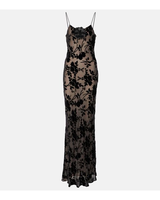 Rodarte Black Floral-applique Sheer Velvet Slip Dress