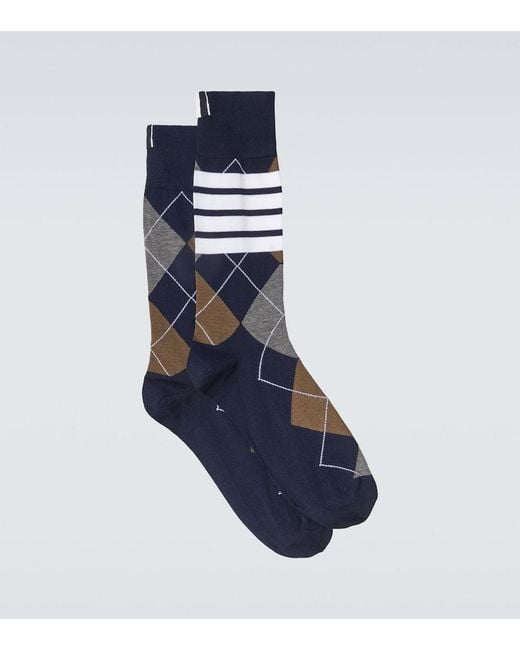 Thom Browne Blue Printed Cotton-Blend Socks for men