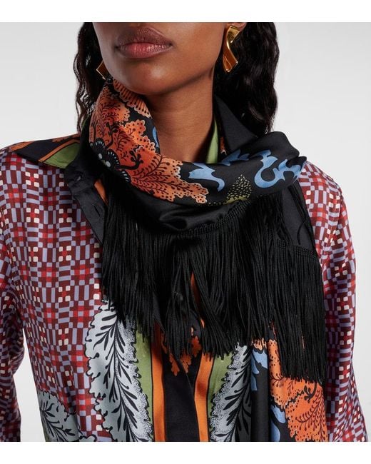 LaDoubleJ Black Fringed Printed Silk Twill Scarf