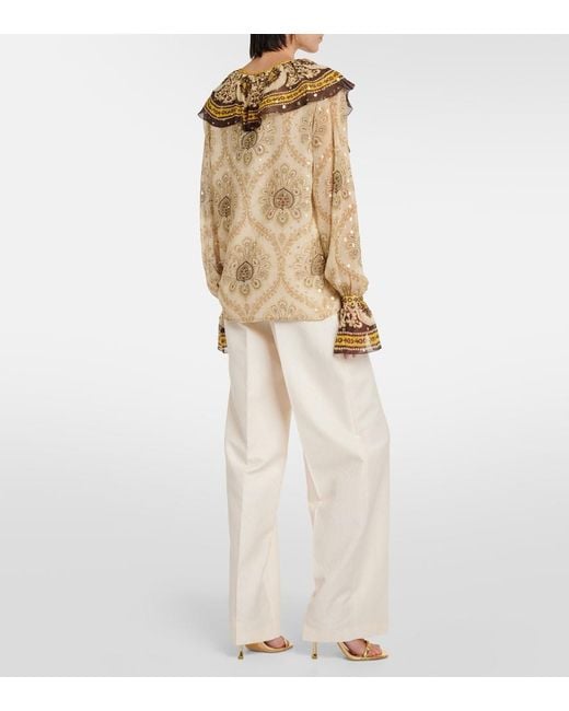 Etro Natural Ruffled Paisley Silk-Blend Blouse