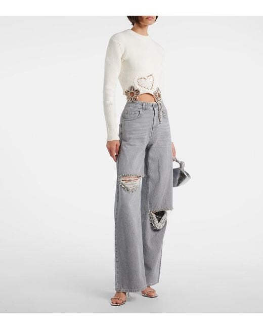 Area Gray Distressed Embellished Wide-Leg Jeans