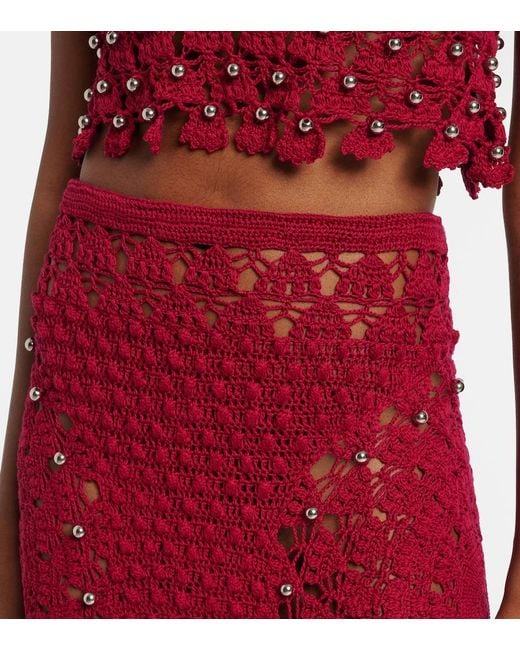 Rabanne Red Embellished Crochet Cotton Midi Skirt