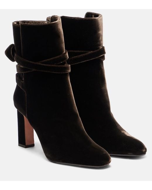 Aquazzura Black Very Bow 85 Velvet Ankle Boots
