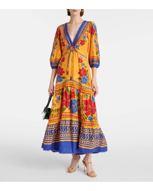 Farm Rio Orange Floral Yard Linen-blend Maxi Dress
