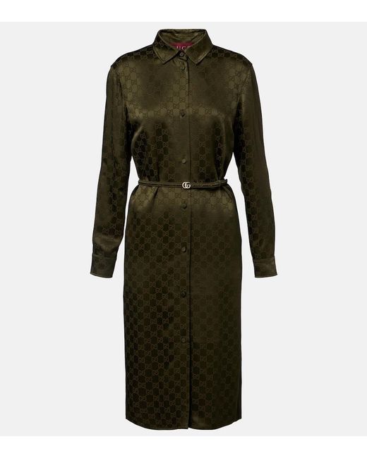 Gucci Green Gg Belted Satin Jacquard Shirt Dress