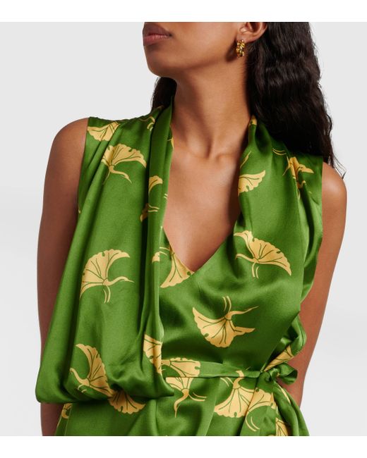Robe Midi En Satin De Soie Imprimé À Drapé Et À Ceinture Dries Van Noten en coloris Green