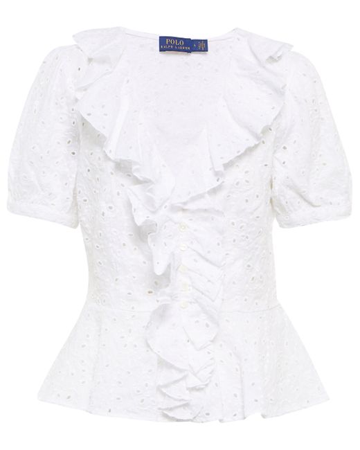 Polo Ralph Lauren Ruffled Broderie Anglaise Linen Top in White - Lyst