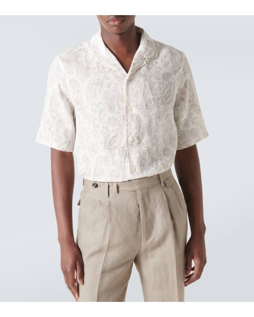 Brunello Cucinelli White Paisley Linen Bowling Shirt for men