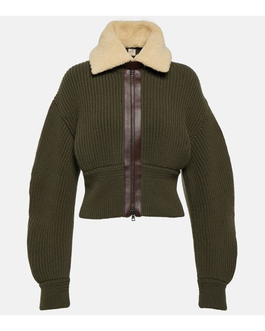 Tod's Green Leather-trimmed Virgin Wool Cardigan