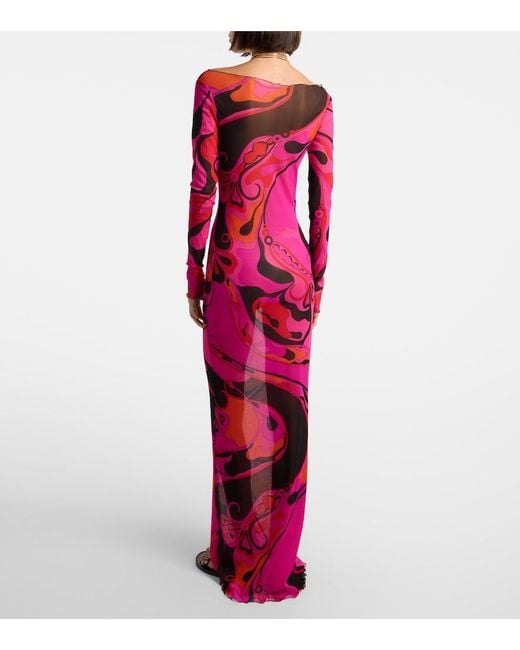 Emilio Pucci Pink Orchidee Print Tulle Long Dress
