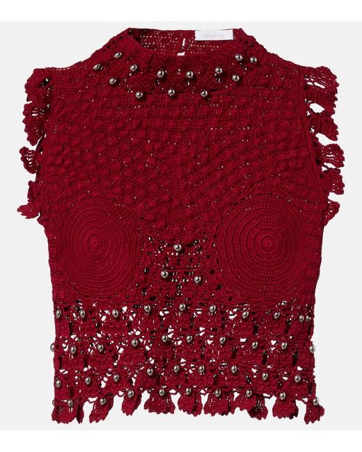 Rabanne Red Embellished Crochet Cotton Top
