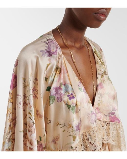 Camilla Natural Lace-Trimmed Floral Silk Crop Top