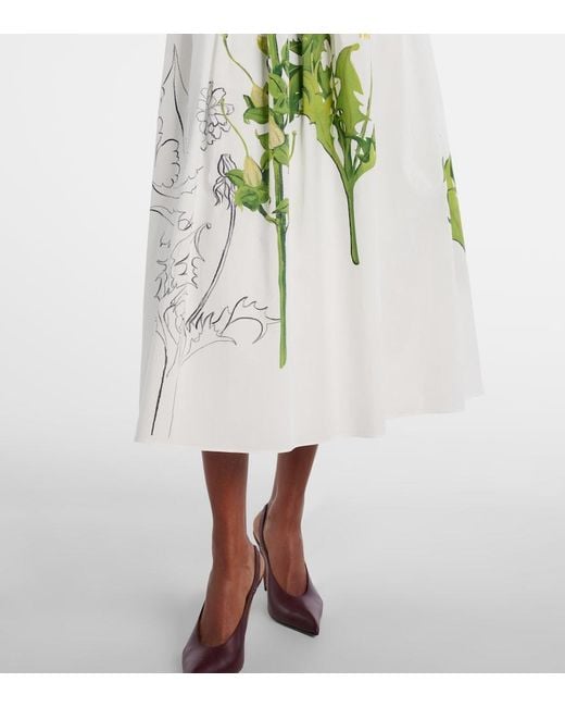 Oscar de la Renta White Belted Floral-Print Cotton-Blend Poplin Midi Dress