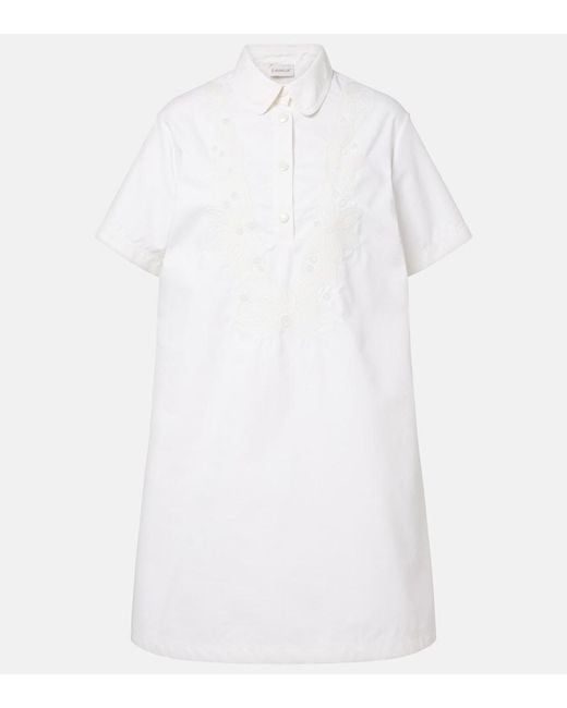 Moncler White Embroidered Cotton-Blend Poplin Midi Dress