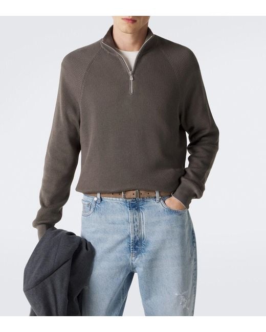 Brunello Cucinelli Gray Ribbed-Knit Half-Zip Cotton Sweater for men