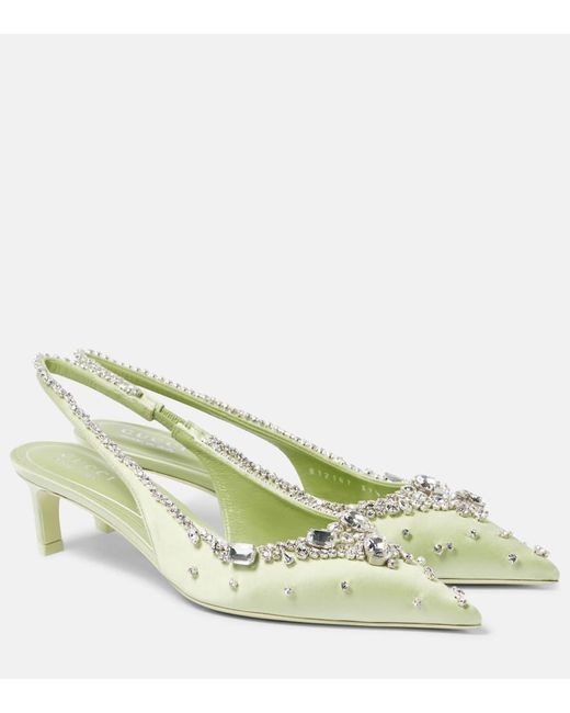 Gucci Green Crystal-Embellished Satin Slingback Pumps