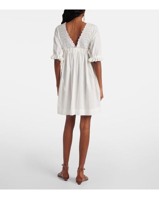 Vestido Corto En Mezcla De Algodon Con Bordado Ingles Chloé de color White