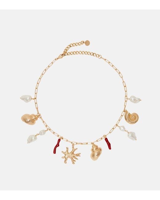Self-Portrait Metallic Faux Pearl-Embellished Charm Necklace